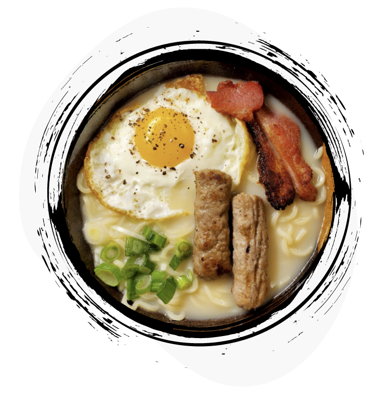 Breakfast Tonkotsu Ramen Recipe with sunny side up, sausage, beacon, and green onion