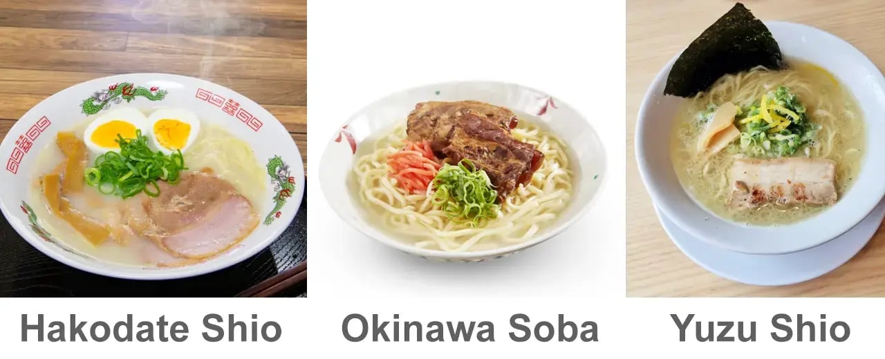 hakodate sio ramen, okinawa soba, yuzu shio ramen