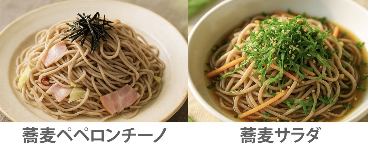 蕎麦ペペロンチーノと蕎麦サラダ