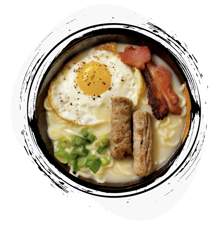 Breakfast Tonkotsu Ramen Recipe with sunny side up, sausage, beacon, and green onion