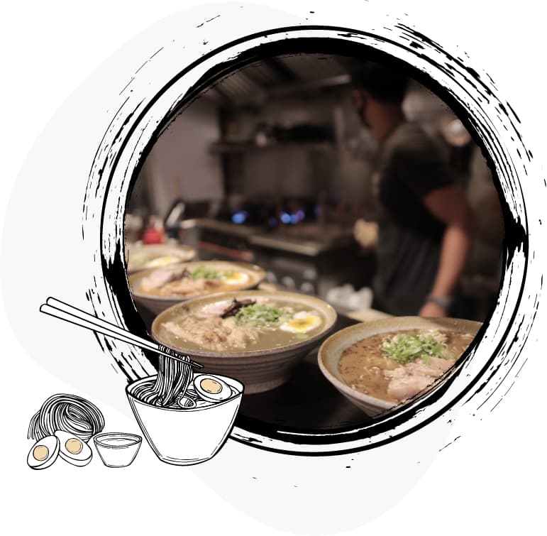 Three ramen bowls on a countertop